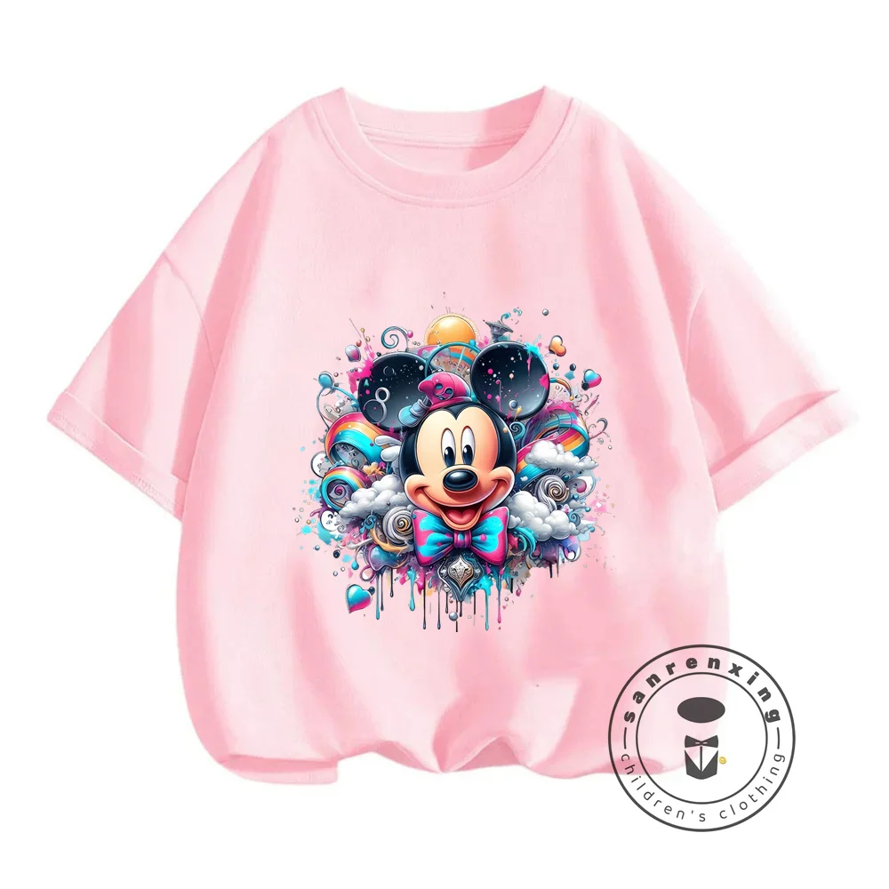 Adorable Summer Disney Mickey Mouse T-Shirts Trendy Solid Color Kawaii Shirts for Kids Embellished Charming Cartoon Patterns