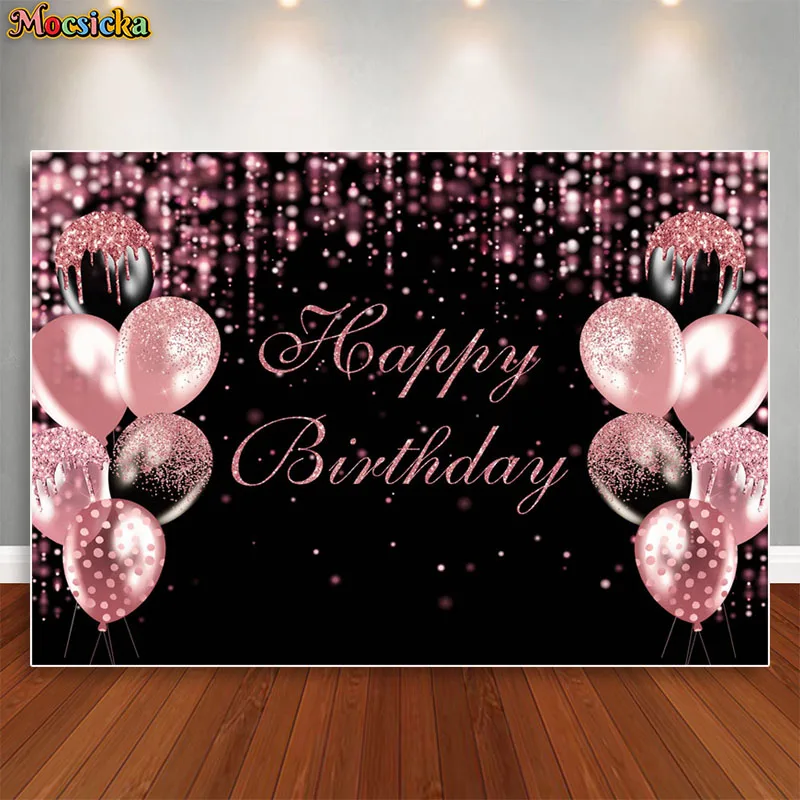 

Mocsicka Woman Birthday Party Photo Background Pink Glitter Tassel Balloons Happy Birthday Photography Backdrops Custom Banner