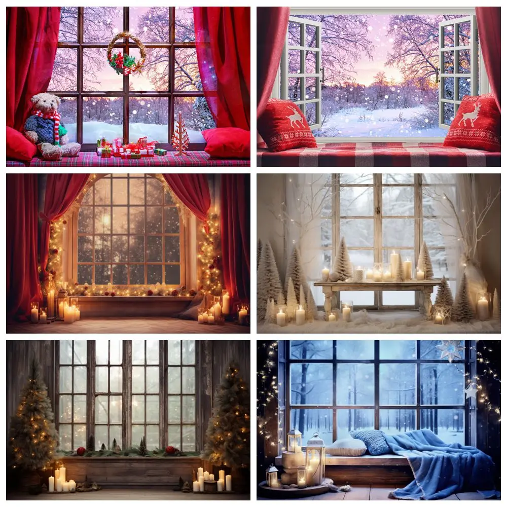 

Christmas Winter Window Backdrop Curtain Candle Xmas Room Decor Family Party Portrait Photography Background Photostudio Props