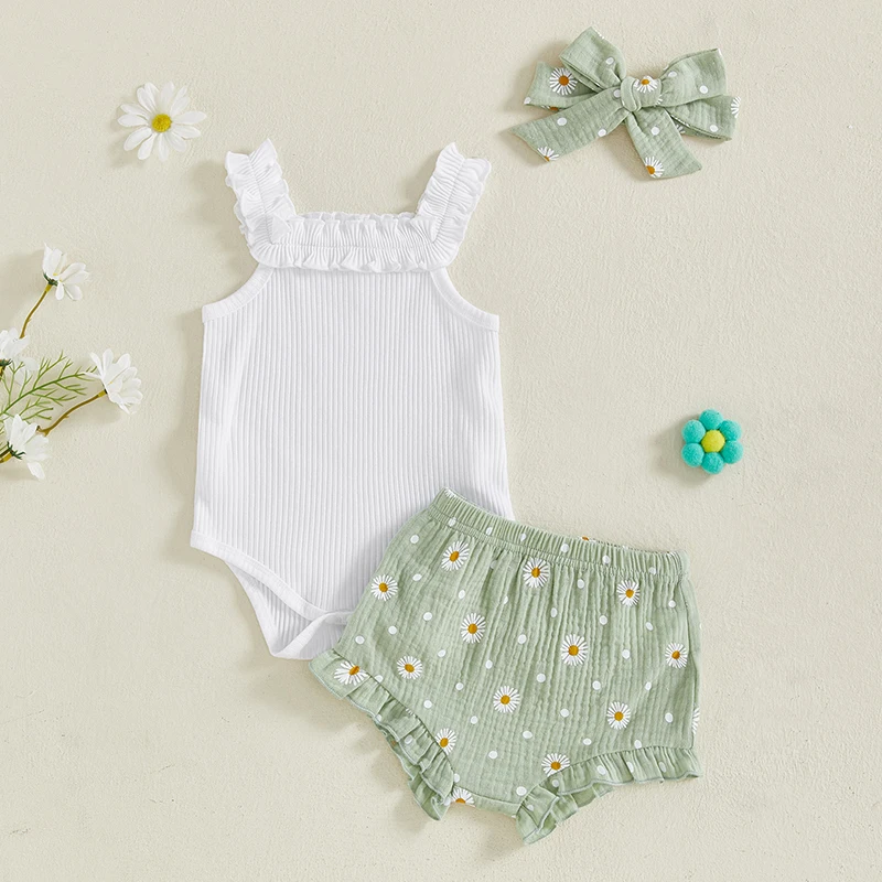 

Baby Girls Summer Outfit Sleeveless Ruffle Strap Romper + Daisy Shorts + Headband Set Infant Clothes