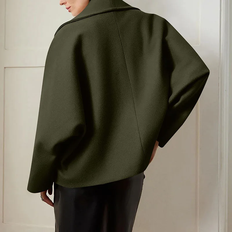 

2025 модные однотонные короткие куртки с воротником с лацканами, женские элегантные свободные пальто на пуговицах с рукавами «летучая мышь», осень-зима, повседневная верхняя одежда