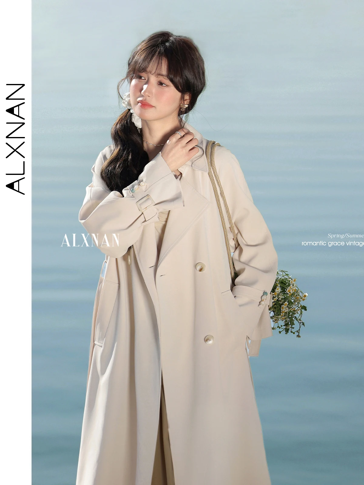 

ALXNAN Apricot Trench Coat 2025 Spring Casual Loose High-end Coat Solid Single-breasted Large Lapel Design Coat Ladies L52817