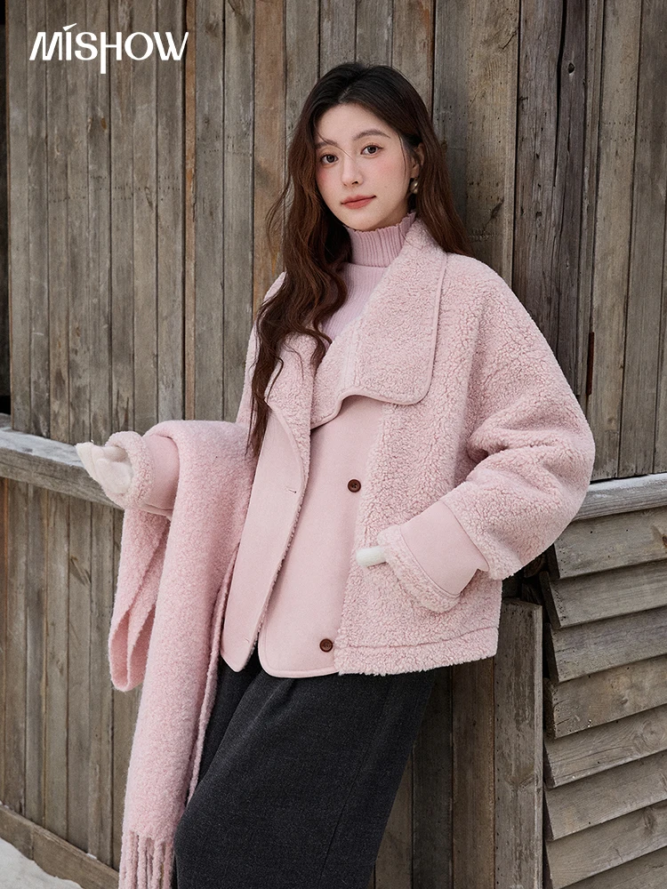 MISHOW Pink Jacket 2025 Winter French Style Double-Collar Patchwork Coat Windproof Warm Coats（Scarf Not Included ）MXE87W0978