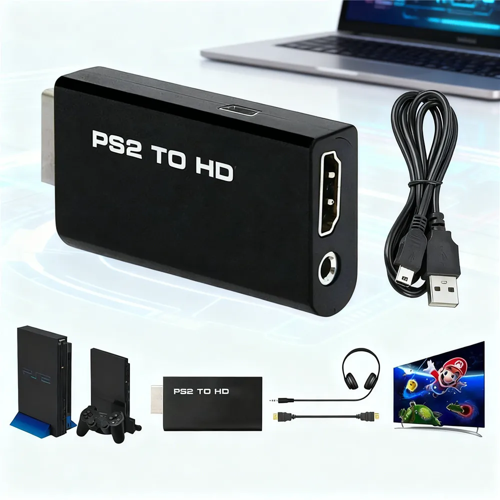 Adapter konwerter wideo i dźwięku PS2 na HDMI 1080P HDTV 480i/480p/576i Wyjście 3.5mm Tryb wyświetlania gier PS2 Akcesoria