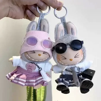 17cm Labubu 인형 옷 Kpop Exo에서 영감을 받은 유니폼 세트, 스커트 스웨터 및 컬러 선글라스