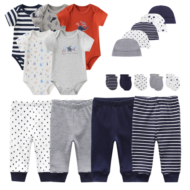 2023 New Born Unisex Bodysuits+Pants+Hats+Bibs/gloves Cotton Baby Boy Clothes Set Solid Color Baby Girl Clothes 0-6M Bebes