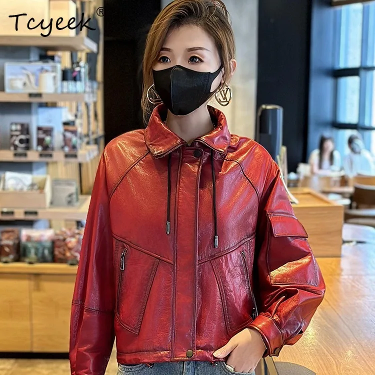 Tcyeek Real Leather Jacket Women Fashion Autumn Clothes Oil Wax Cowhide Coat Woman Black Red New in Outerwears Куртка Кожаная