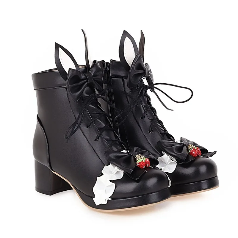 Women Cute Sweet Lolita Kawaii Platform Boots Lace Up Chunky Heel Ankle Boots with Bow Character Cosplay Winter Shoes Plus Size
