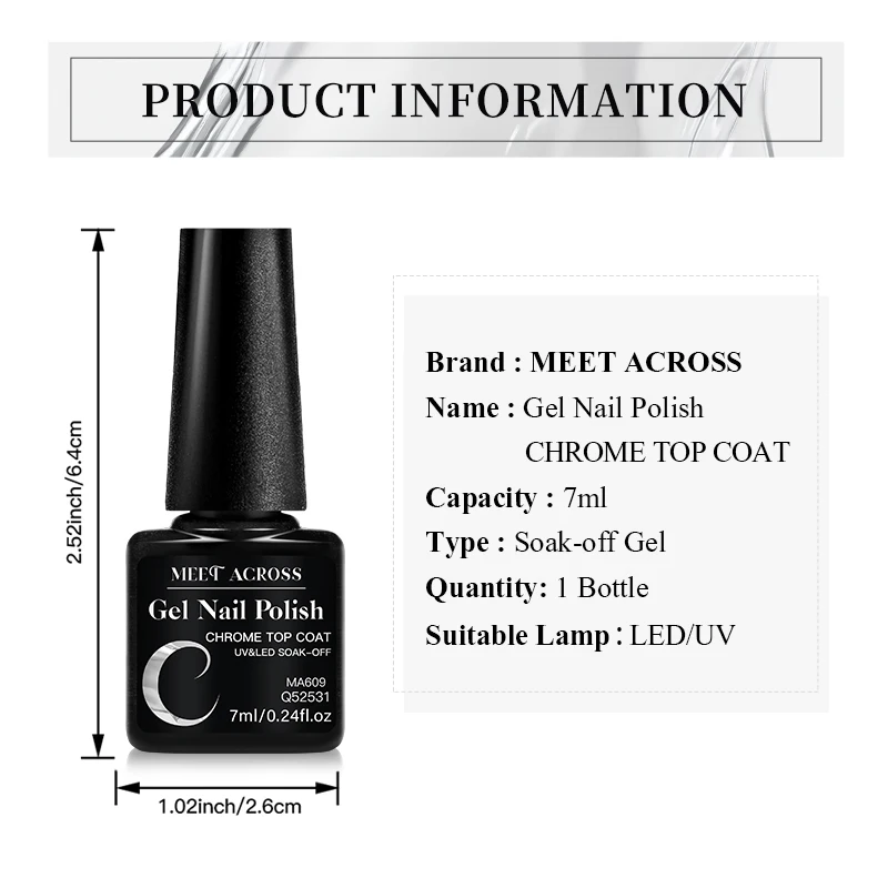 7ML Chrome Top Coat For Mirror Metal Glitter Powder Soak Off Gel Semi-Permanent Nail Polish Functional Gel For Nail Art Manicure - view 6