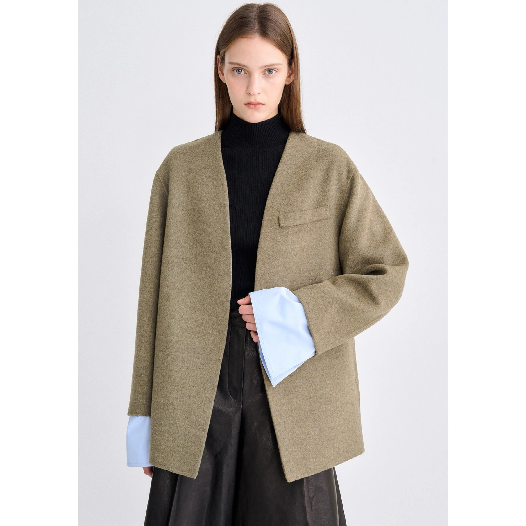 

Lemon Cheese TIM25 Autumn Ele V-ne Removable Sve Opening Double-sided Hand-sewn Coat Ladylike Commute Sle Loose Fit