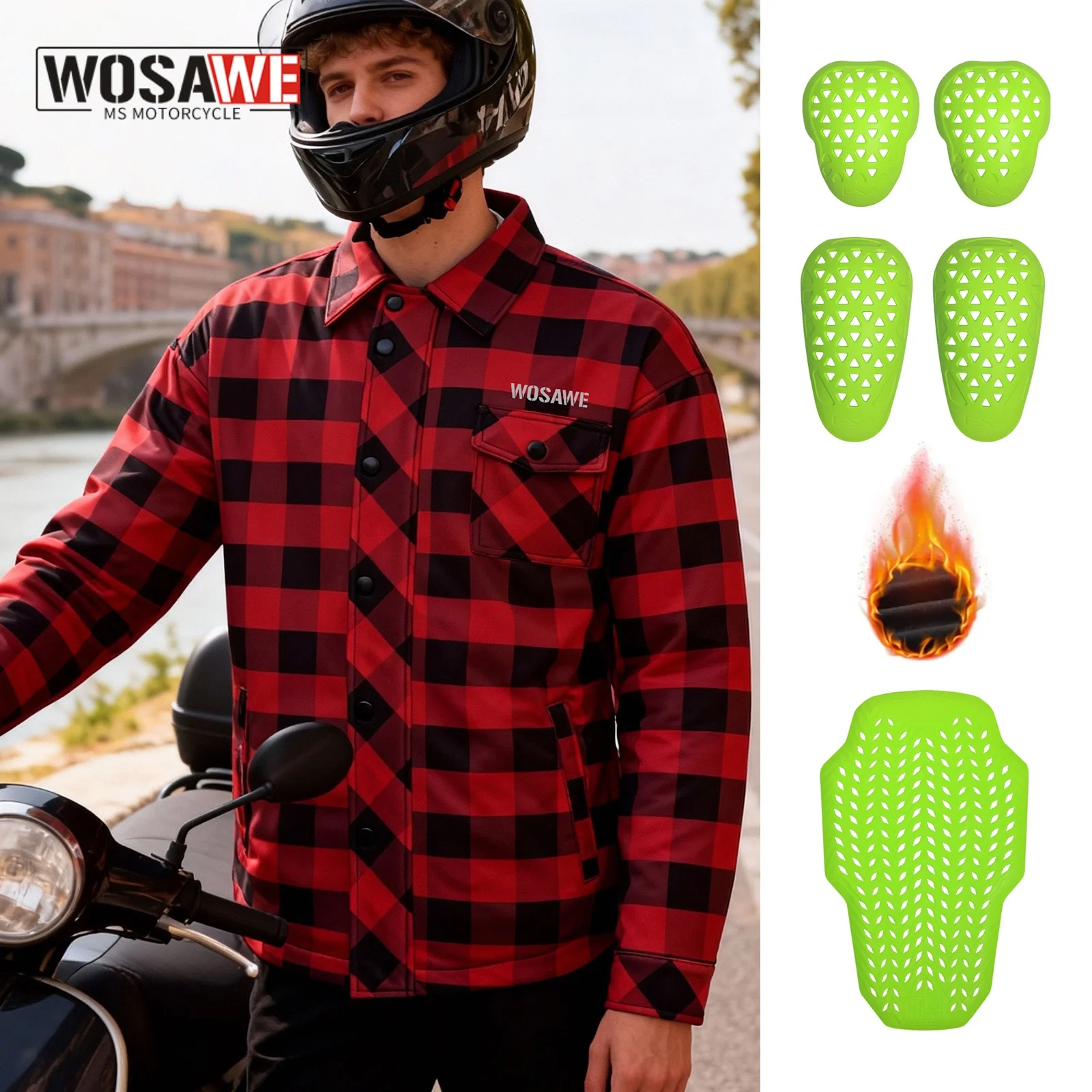 

WOSAWE Men Motorcycle Full Body Body Armor Jacket Winter Racing Jacket Warm Checkered Shirt Motocross CE Protective Gear Armor