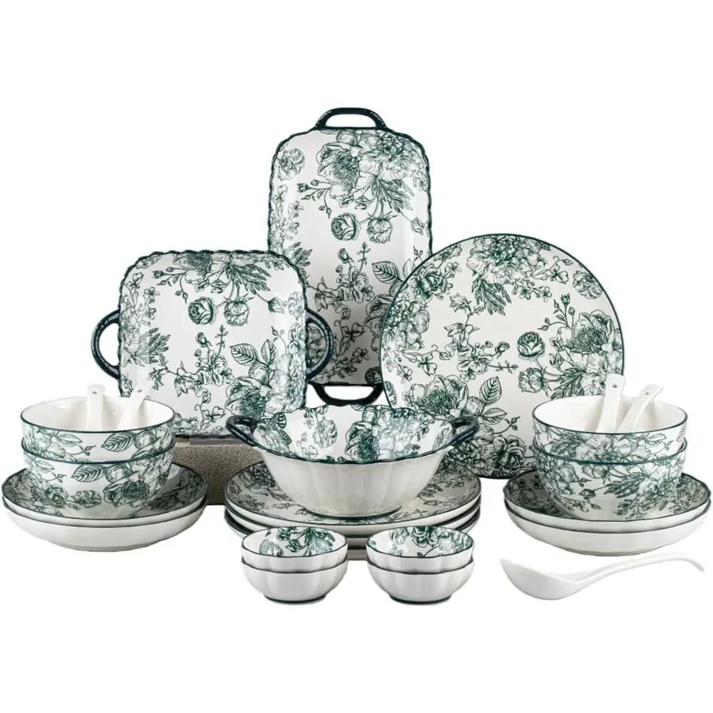

24-Piece Ceic Dinnerware Set, Service or 4, Vintage Green Rose loral Plates and Bowls Sets, Microwave & Dishwasher Sae, Porcelai