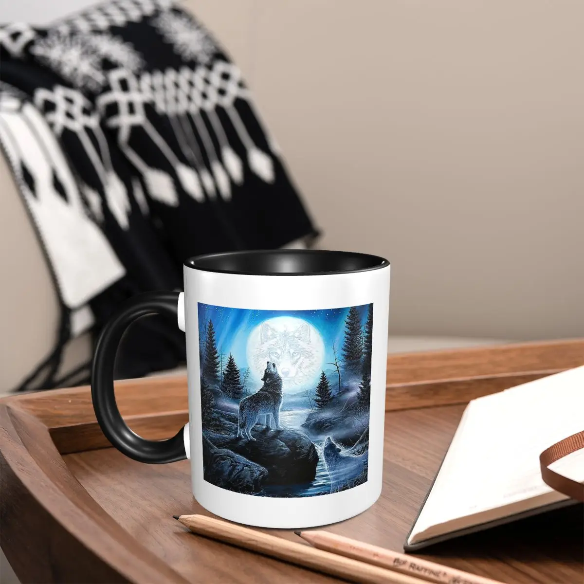 Howling Wolf Under The Moonlight Print Mug Funny Ceramic Coffee Cups Tea Mugs Milk Cup Drinkware Gift for Woman Man