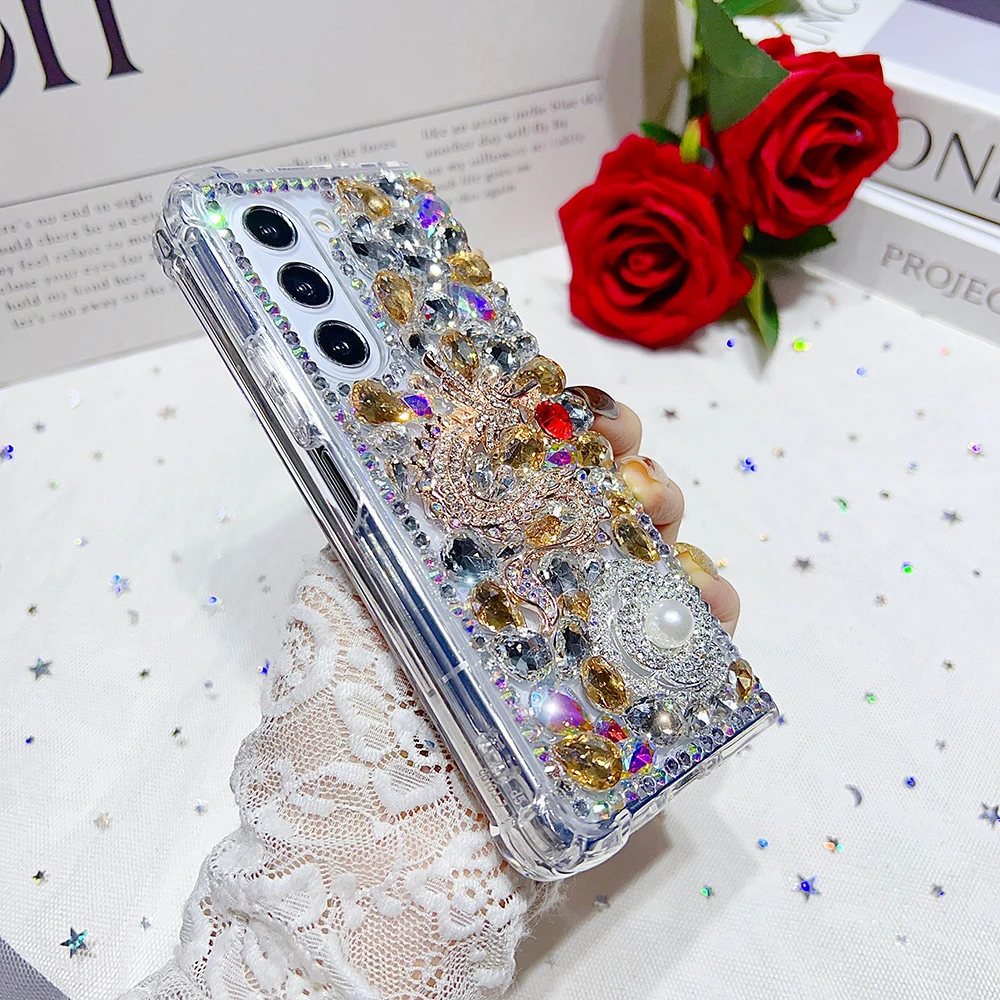 Luxury Diamond Dragon Rhinestone Pearl Flowers Phone Case For Samsung Galaxy Z Fold 5 4 3 2 Full Bling Crystal Clear PC Cover