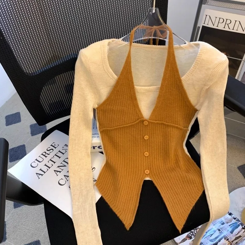 Haut tricoté Long pour femmes, Chic, doux et épicé, avec Design Ne suspendu et fente asymétrique, pour couche de Base d'automne irt