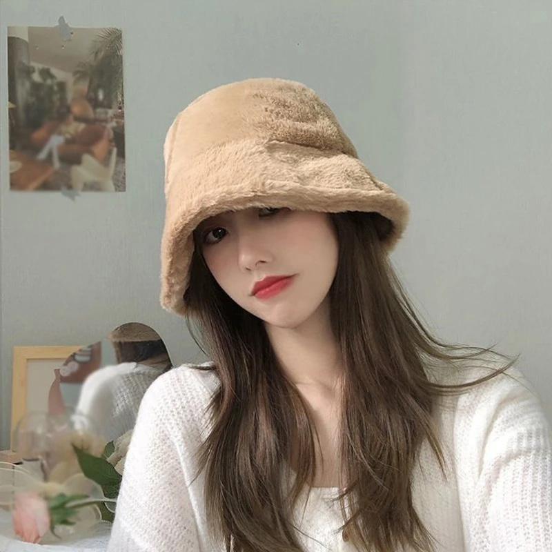 Soft Winter Plush Warm Bucket Hat For Women Girl Solid Color Fordable Wide Brim Panama Cap Outdoor Windproof Tour Basin Hats