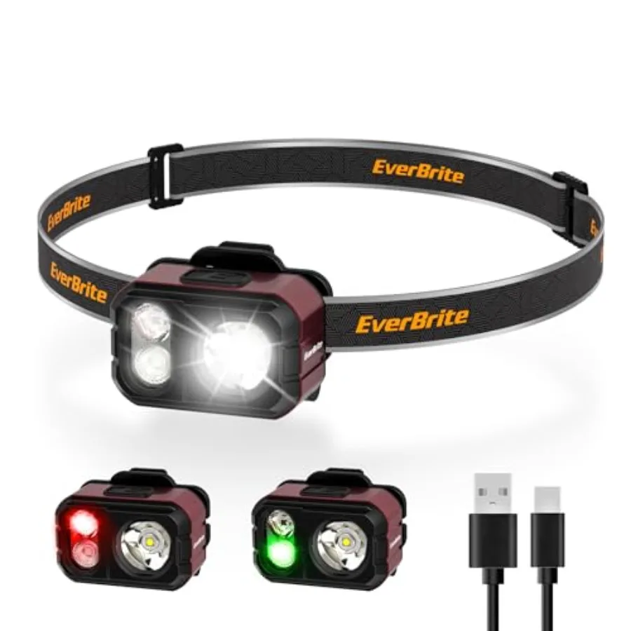 

400LM Rechargeable Headlamp, 1.59 oz Lightweight and Comfortable Head Lamp with Hat Clip, IP67 Waterproof, White/Red/ Light, 7