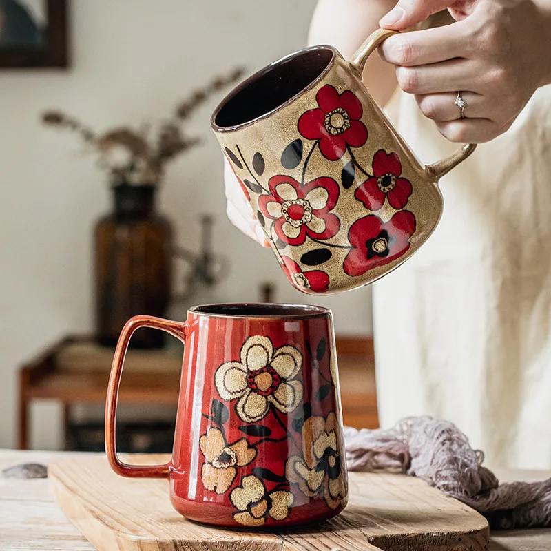 

Large Capacity Hand-painted Flower Chinese Style Mug, Ceramic Couple Water Cup Coffee Tea Milk Mug Home office Drinkware