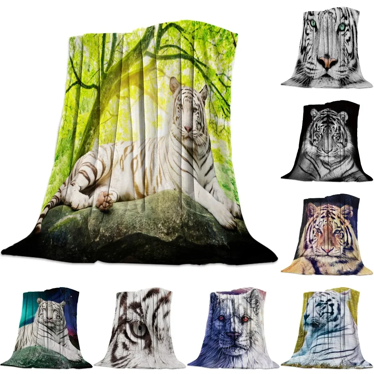 Fleece Throw Bed Blanket Lightweight Super Soft Cozy Green Forest Animal White Tiger Stone Throw Blankets Gift for Adults Kids