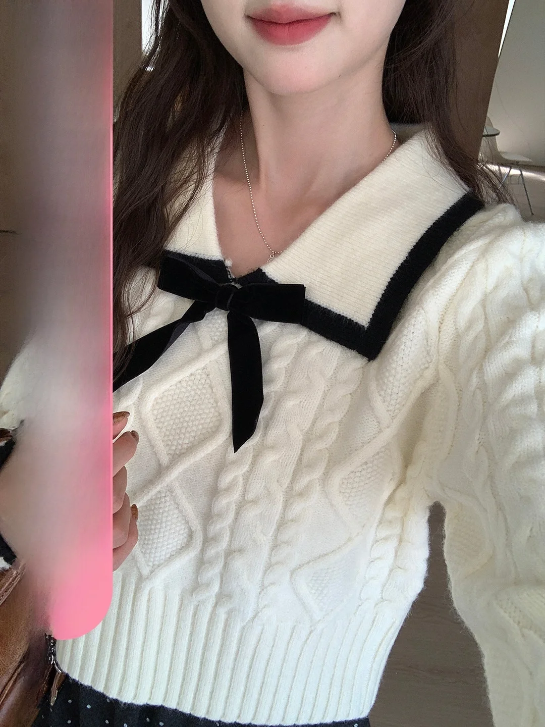 

Нежный вязаный свитер с бантом и узором «косичка» для женщин, мягкий, весенний, новинка, корейская мода, с воротником, с длинными рукавами