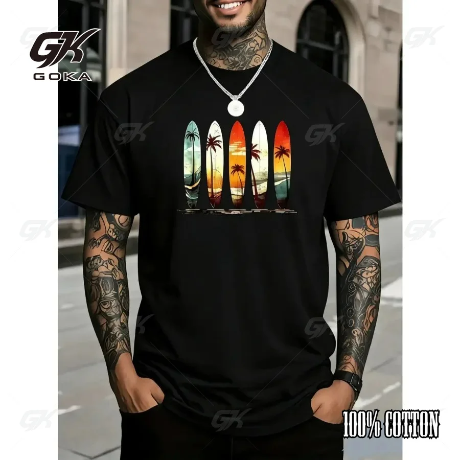 Retro Surfboard Sunset T-Shirt Vintage Beach Palm Tree Graphic Casual Cotton Round Short Sleeved Tops for Surfers