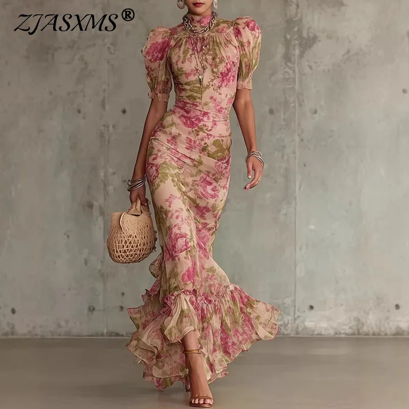 Elegant Floral Print Bodycon Maxi Dress Woman Spring High Neck Ruffle Hem Long Dress New Summer Puff Sleeve Bohemian Party Dress