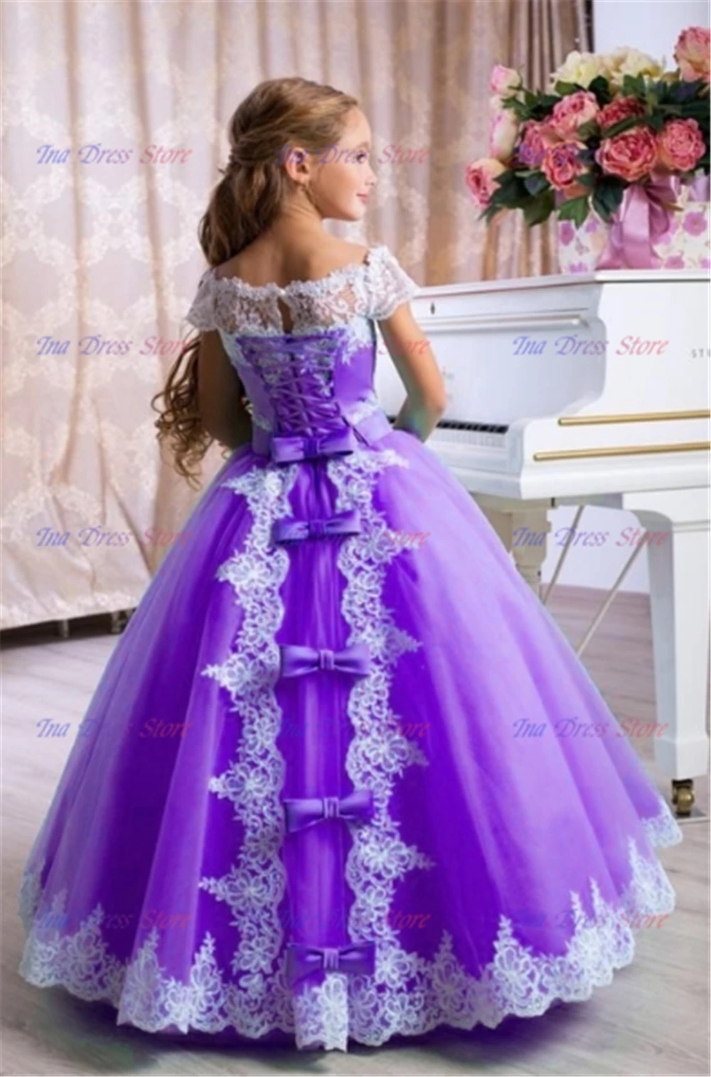 Elegant Purple Flower Girl Dress Tulle Lace Printing Princess Ball First Communion Gowns Kids Birthday Party Ball Evening Dress