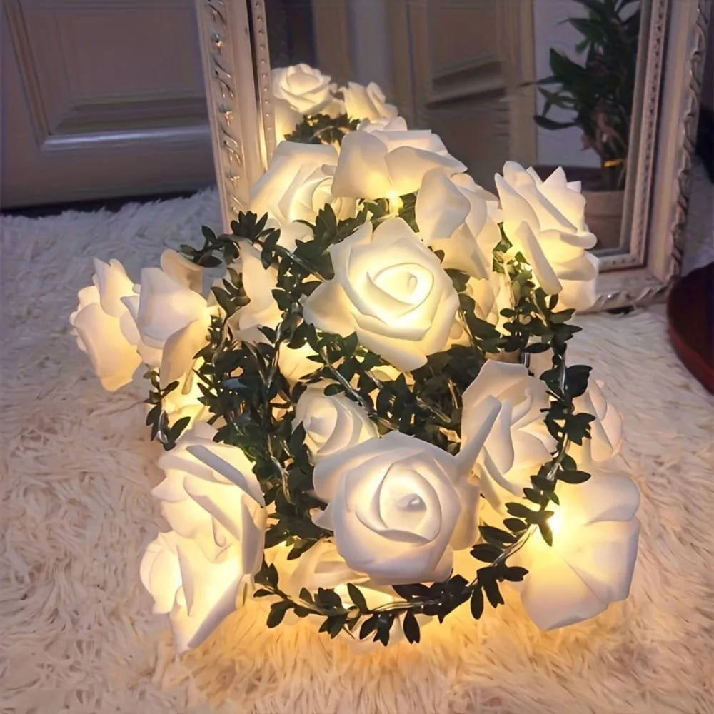 1 x künstliche weiße Rosen-Lichterkette, batteriebetrieben (exkl), Dekor für Hochzeitsantrag im Schlafzimmer, Valentinstagsgeschenk