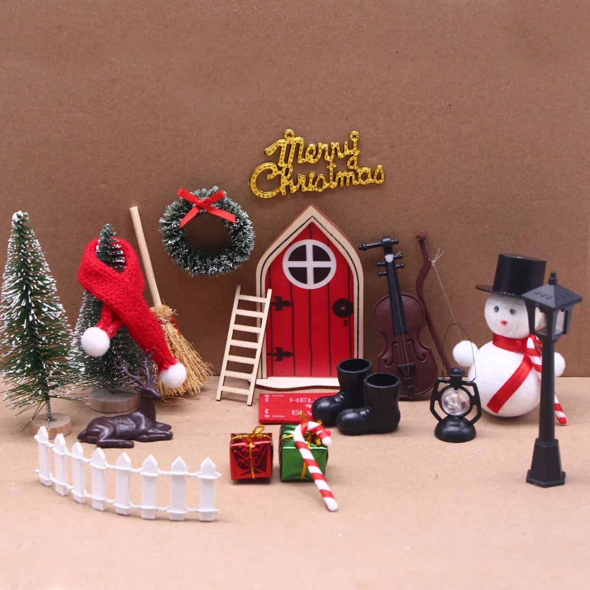 22Pcs/Set New Dollhouse Red Wooden Elf Door Set Christmas Decorations Mini Fairy Tale Fairy Miniature Scene Mode Props Decor