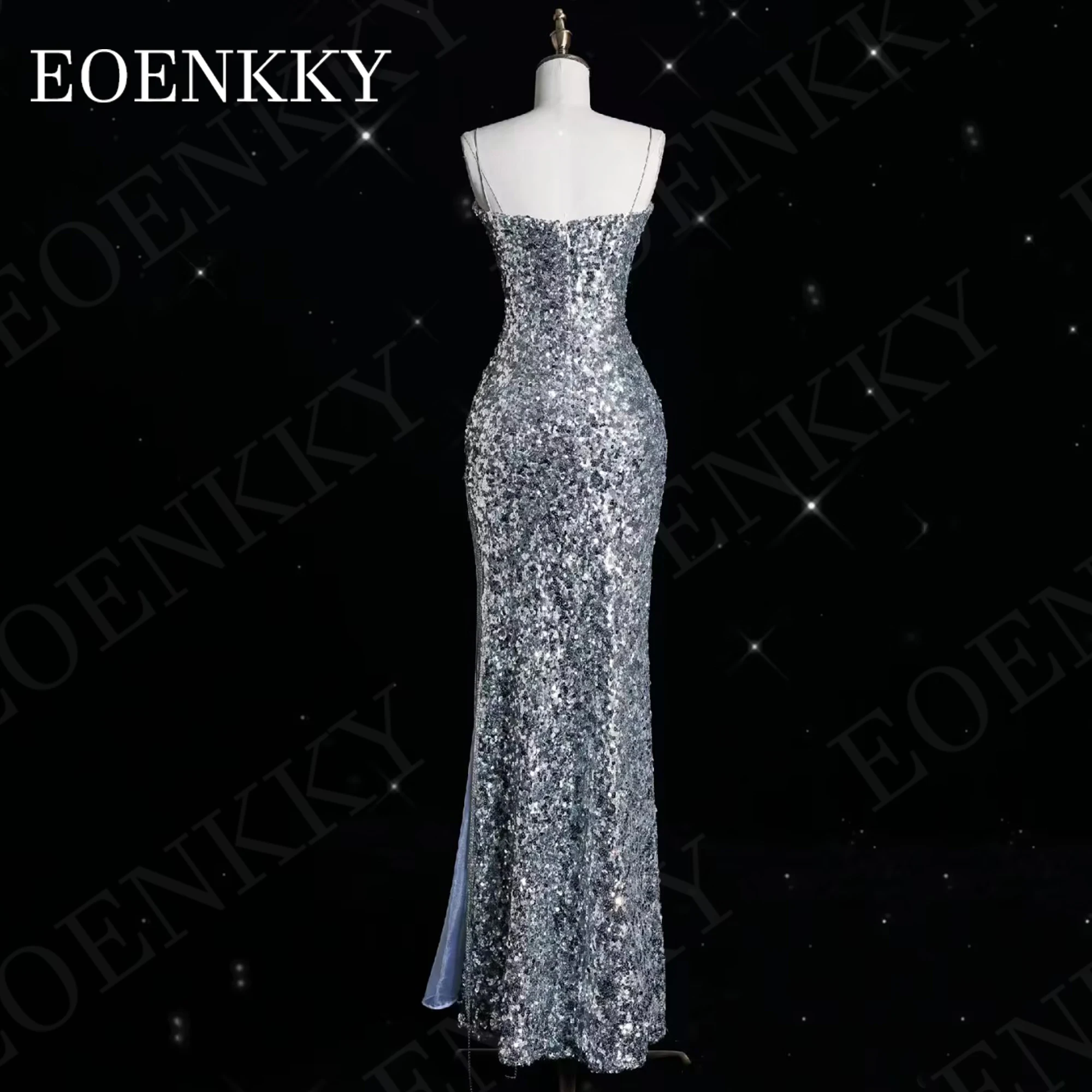 Elegant Evening Dresses For Women Luxury Mermaid Sequin Sexy Party Dress Floor Length Silver فساتين سهره سعوديه Spaghetti Straps