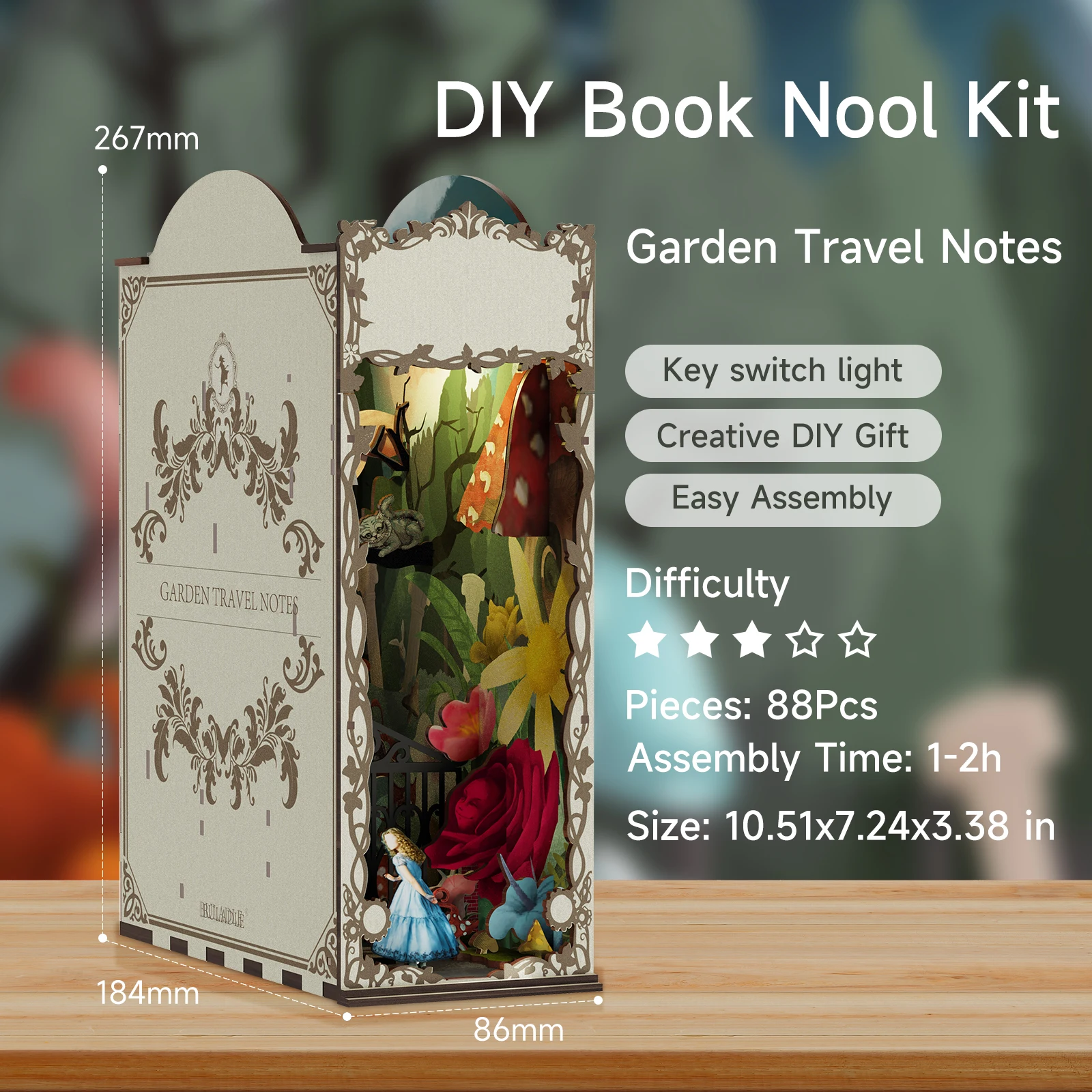 3D Wooden Puzzle DIY Book Nook Bookend With Sensor Light Secret Garden Miniature Dollhouse Shelf Insert Booknook Kid Adult Gifts