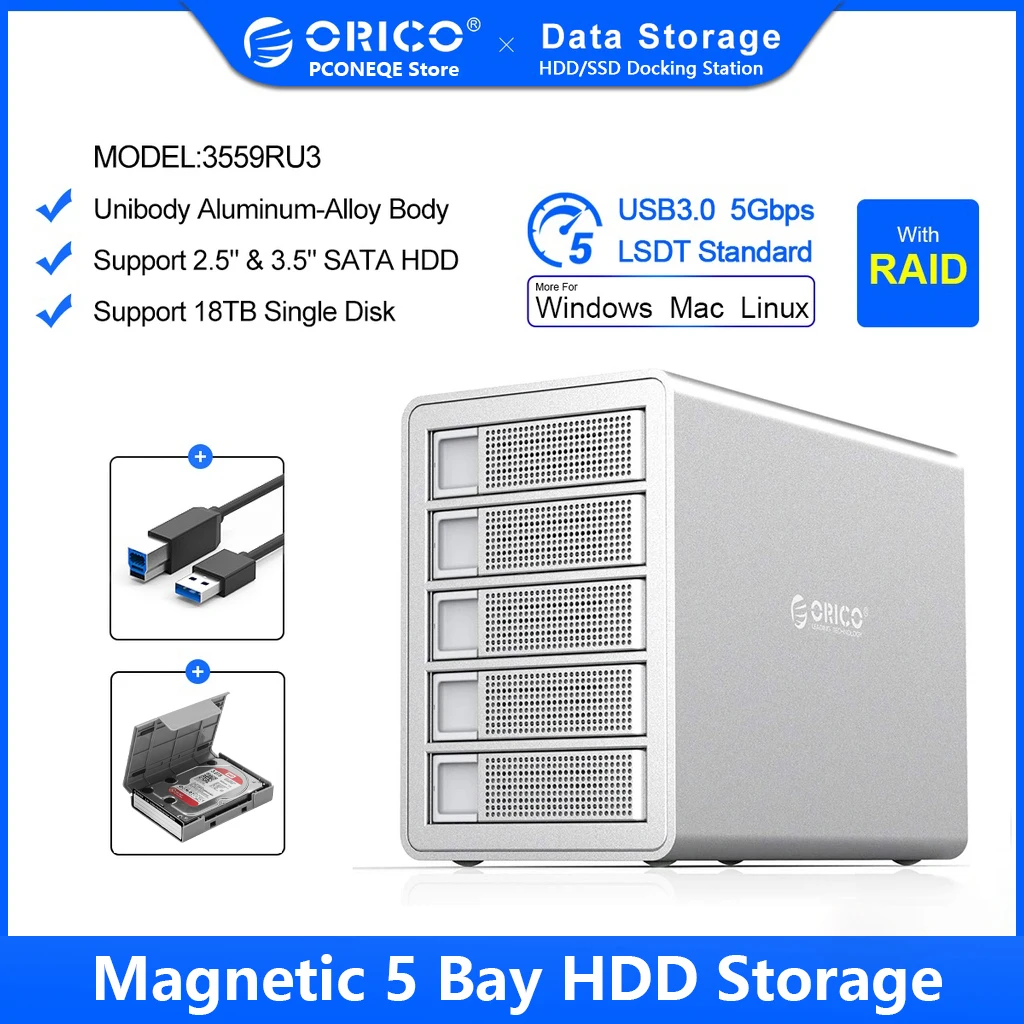 

Док-станция ORICO 35 Series Enterprise 5 bay для жестких дисков 3,5 дюйма, с USB 150 на SATA, со встроенным жестким диском Вт