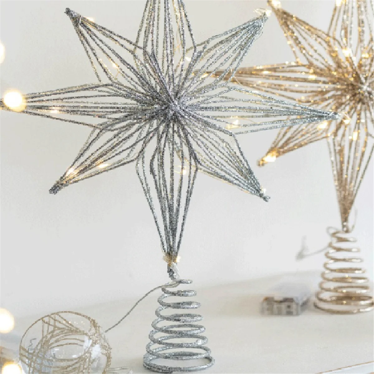 Toppers de sapin de Noël en forme d'étoile, lampe à LED, décorations de Noël pour la maison, lecture d'ornements, étoile pointue, lumière d'arbre, argent