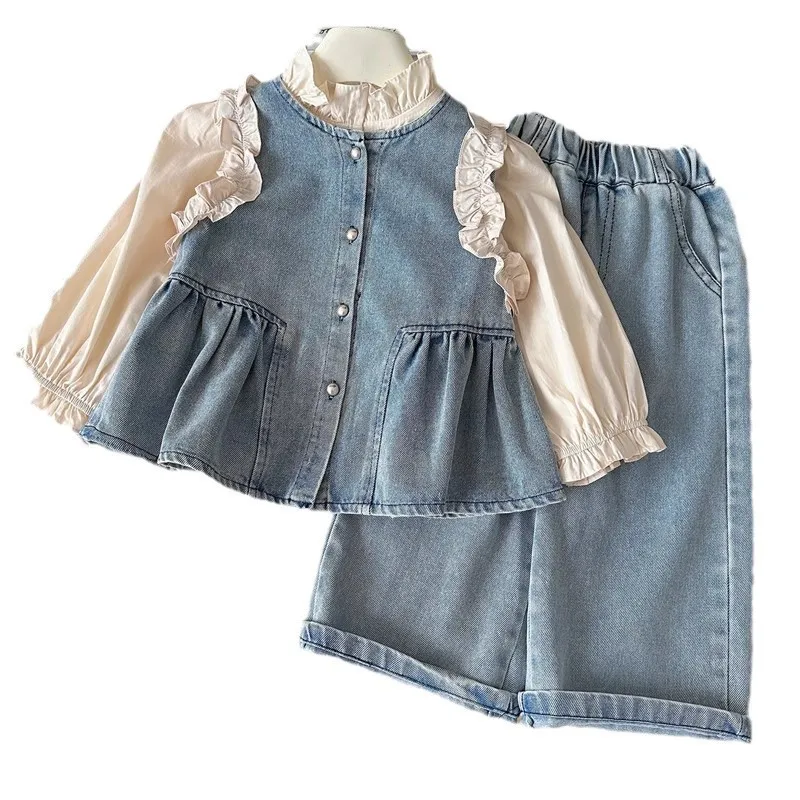 Undershirt Vest Pants Set New Spring and Autumn Shirts Fashionable Cowboy Vest Wide Leg Pants 3-Piece Set Trendy