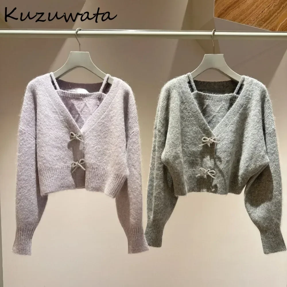 Kuzuwata Sweet V Neck Mohair Stacking Sleeves Knit Set Cardigan Beading Slim Plaid Sling Japan Exquisite Gentle Bow Suit Sweater