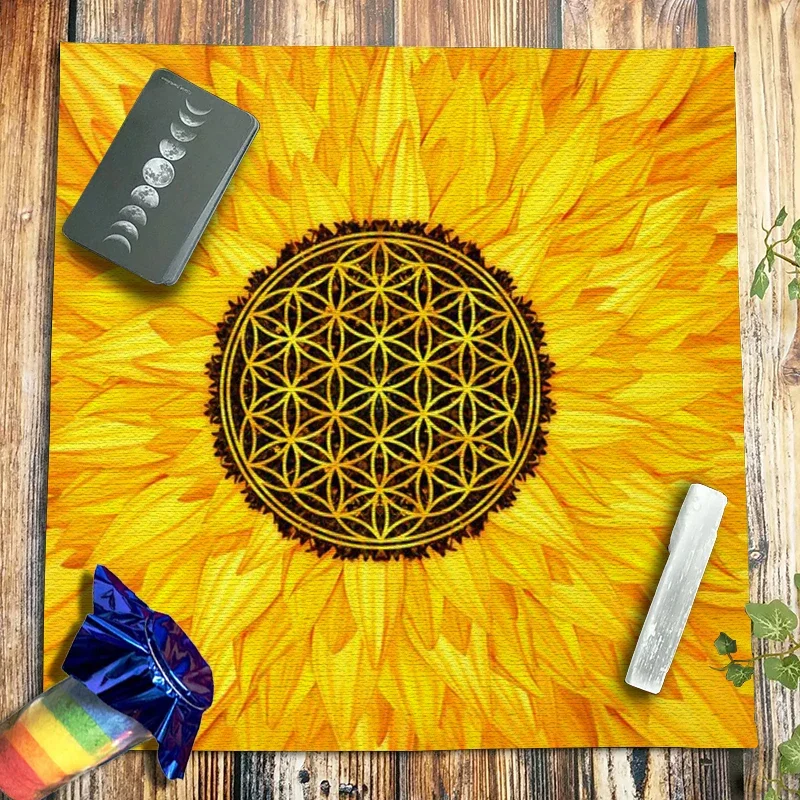 Pagan Witchcraft Divination Card Mat Astrology Flower of Life Tarot Tablecloth Sunflower Mandala Altar Cloth