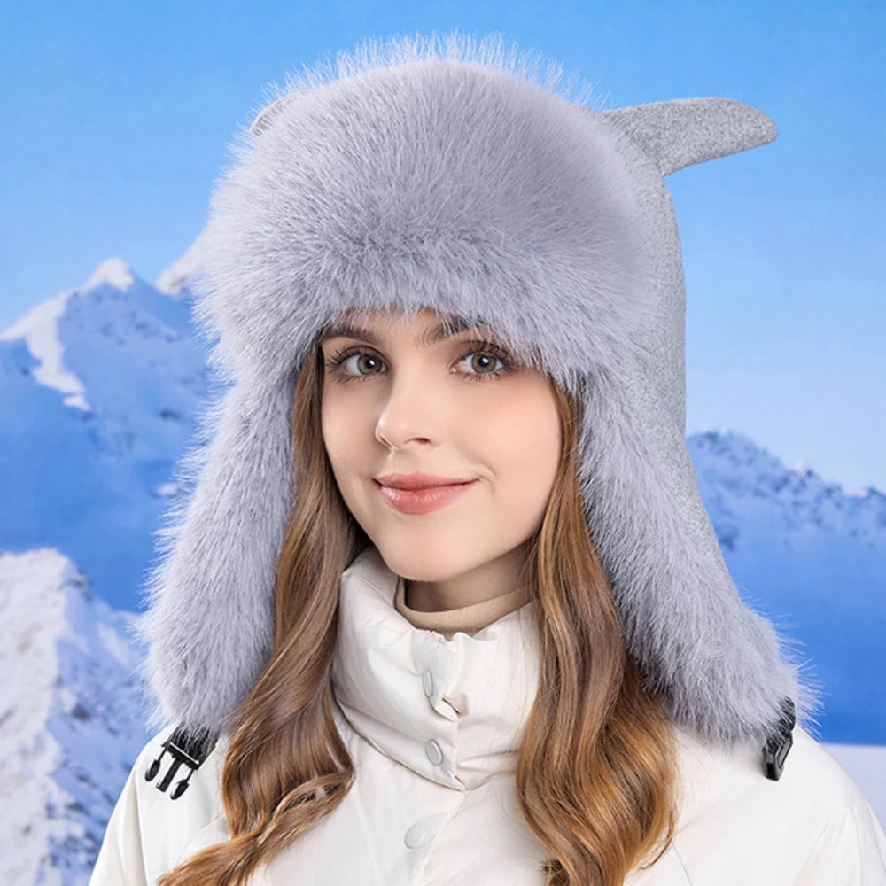 

HT4505 High Quality Bomber Hat Thick Warm Women Winter Hat Windproof Ski Trapper Earflap Cap Cute Ears Russian Fur Hat Ushanka