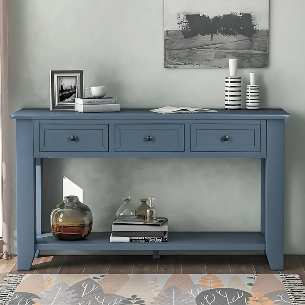 55in Long Sofa Console Table with 3 Storage Drawers and Bottom Open Shelf, Wooden Side Table  (Blue)