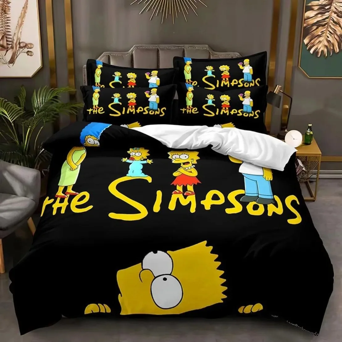 Cartoon-Bettbezug, Kissenbezug, The S-Simpsons, 2/3-teiliges Bettwäsche-Set für Kinder, Mädchen, Jungen, Schlafzimmer, Geschenk, Einzelbett, Doppelbett, große Größe