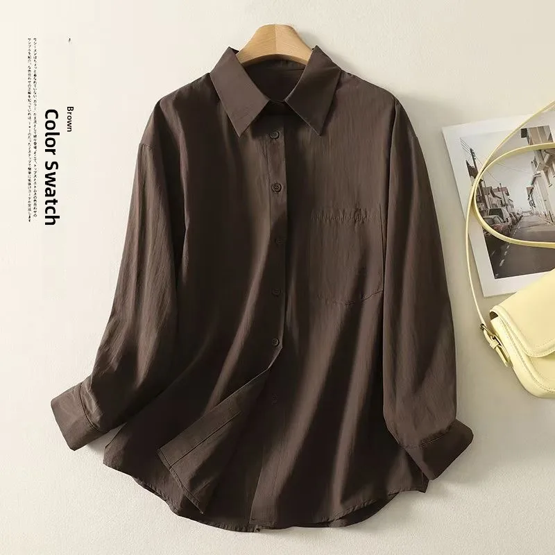 

Retro Coffee Long Sve irt Women's High-End Feeling Aosphere Autumn Korean Sle Casual Lazy Top Coat Pure Color