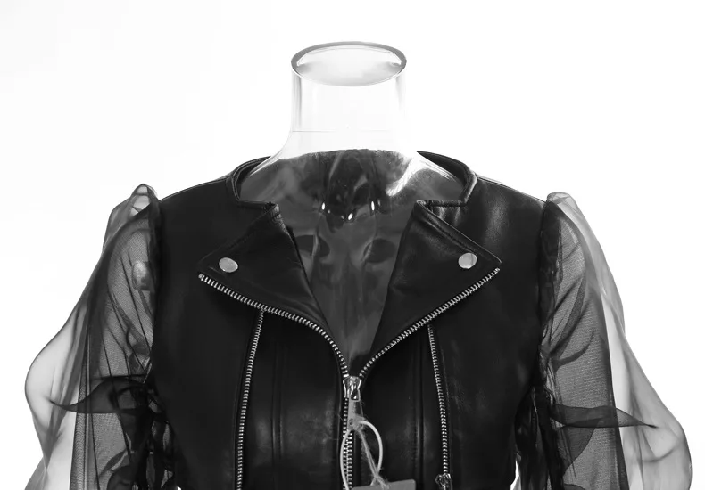 Vintage High Street PU Leather Patchwork Mesh Women Motorcycle Jackets Y2K Harajuku See-through Puff Sleeve Coat chaquetas