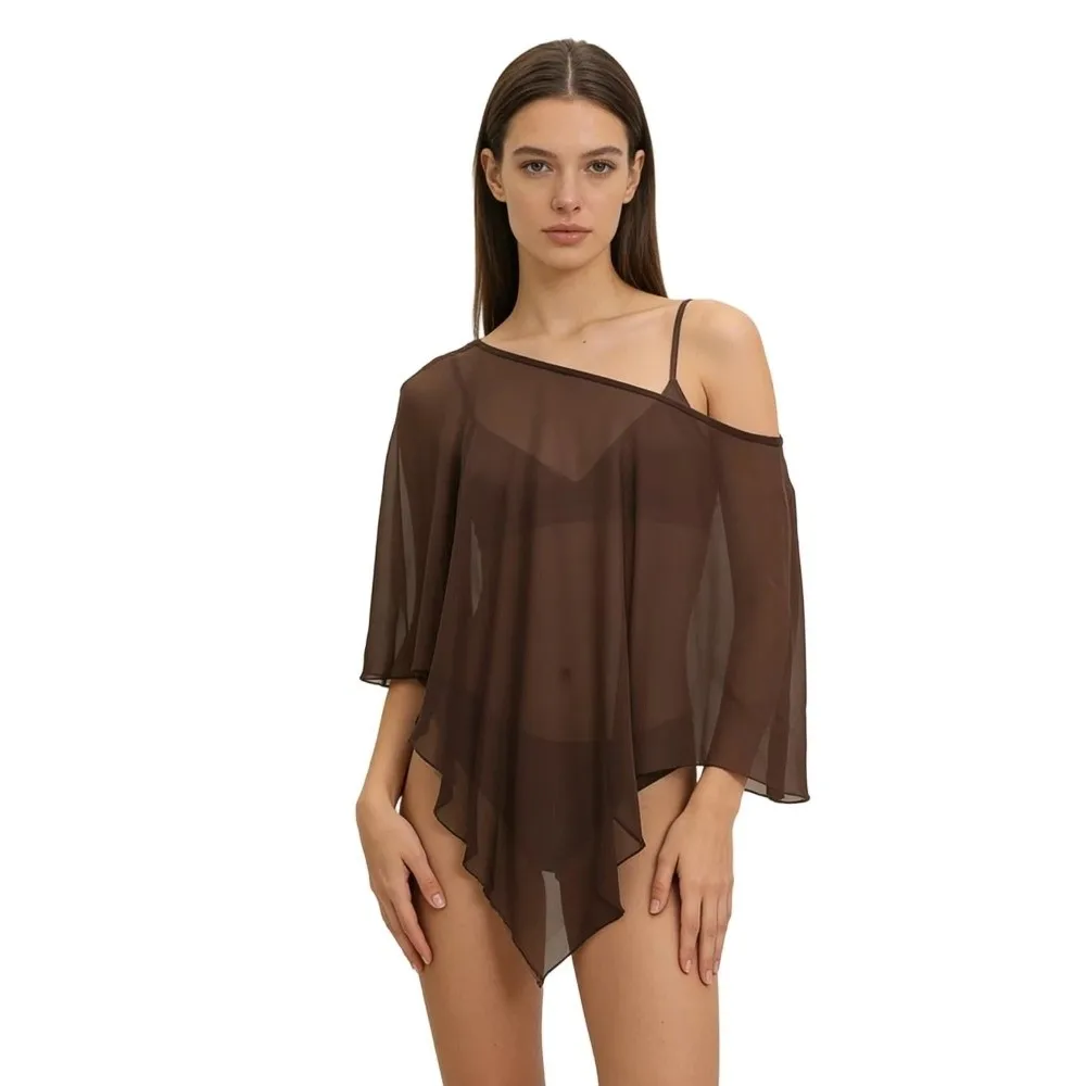 

Asymmetrical Design Womens T-shirt Solid Color Irregular Hem Sheer Poncho Top Breathable Skew Collar Chiffon Capelet
