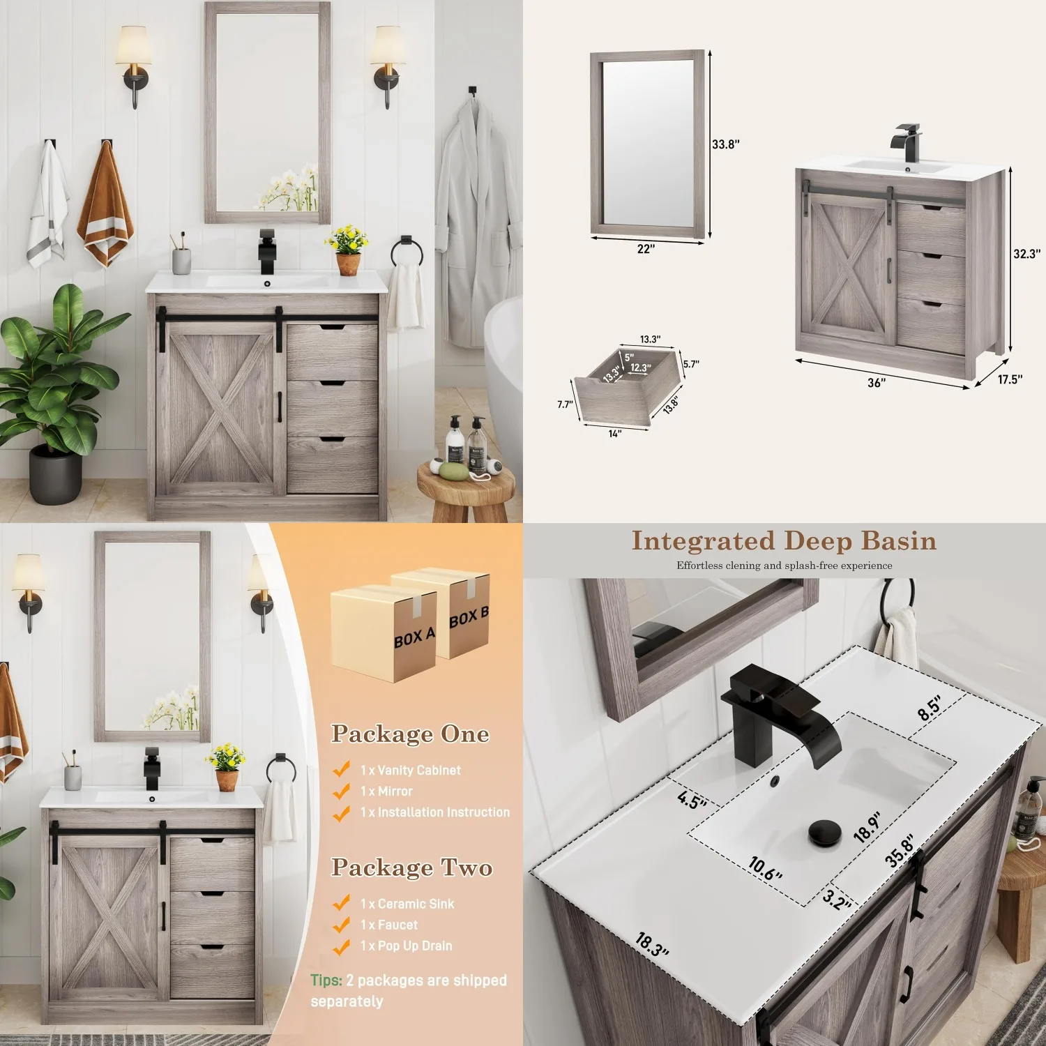 

36in Farmhouse Bathroom Vanity Sink Faucet Mirror Cabinet Sliding Barn Door Drawer Small Bath Storage Grey, Customized