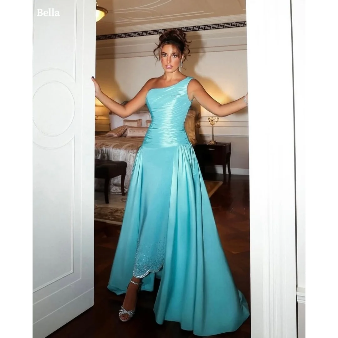 Bella Customized Turquoise One Shoulder Ruched Satin robes de soirée High Low Rhinestone Gown Elegant Party Dresses Stylish 2025