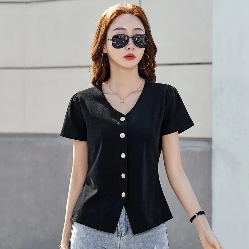 New Women Summer Casual T-shirt Fashion V-Neck Short Sleeve Easy match Loose T-shirt Simplicity Asymmetric Basic T-shirt