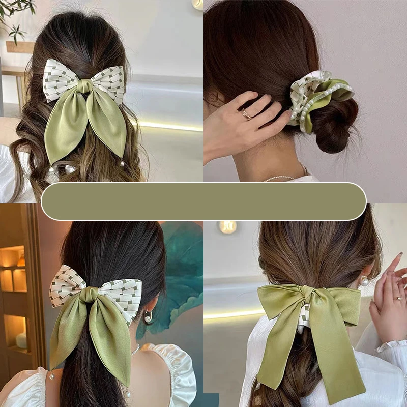 1pc Temperament Hair Ring Ties Summer Fashion Scrunchie Green High Grade Bow Knot Hairpin Rubber Band Headrope Set Wholesale image 2