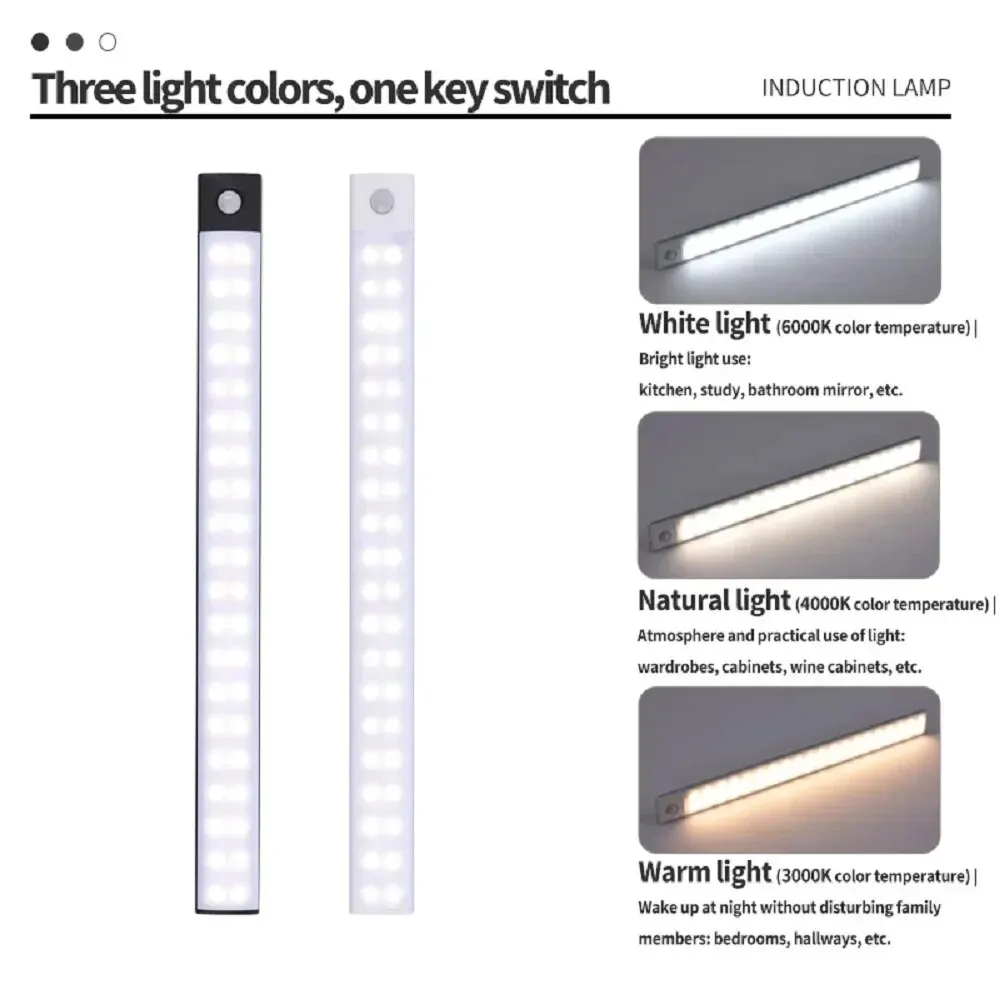 Oświetlenie szafki LED lampa Led z czujnikiem ruchu rodzaj USB-C do szafek kuchennych oświetlenie 20cm/30cm/40cm/50cm/60cm