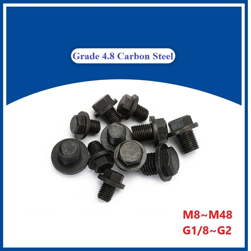 Grade 4.8 Carbon Steel Hexagon Head End Plug Cap With Washer Hexagonal Flange Oil Plug Screw M8~M48 G1/8~G2 Inch
