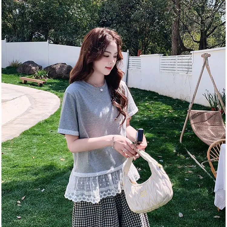 Coreano renda emendada cinza manga curta camiseta xadrez calças de perna larga terno para mulher verão conjunto de duas peças