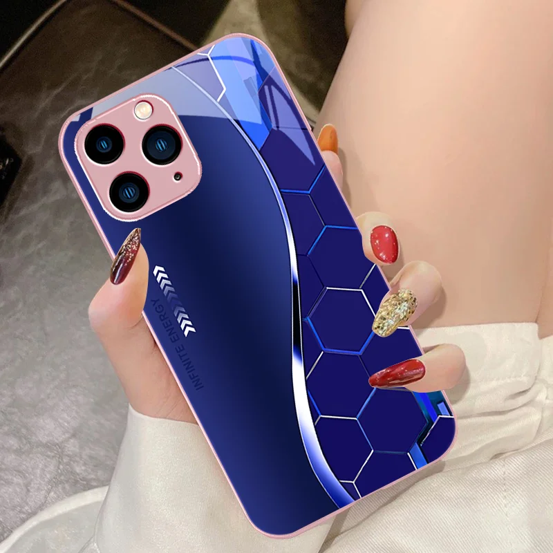 Flowing Light Honeycomb Dark Blue For IPhone 15 Pro 14 13 12 Mini 11 XS Max XR 7 8 Plu SE 2020 2022 Tempered Glass Phone Case